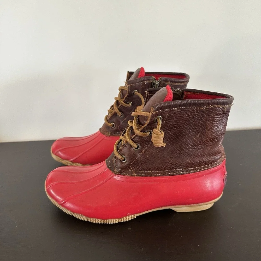 Women's Sperry Top-Sider Saltwater Rain Boots Leather Rubber Women's 6 Red Brown